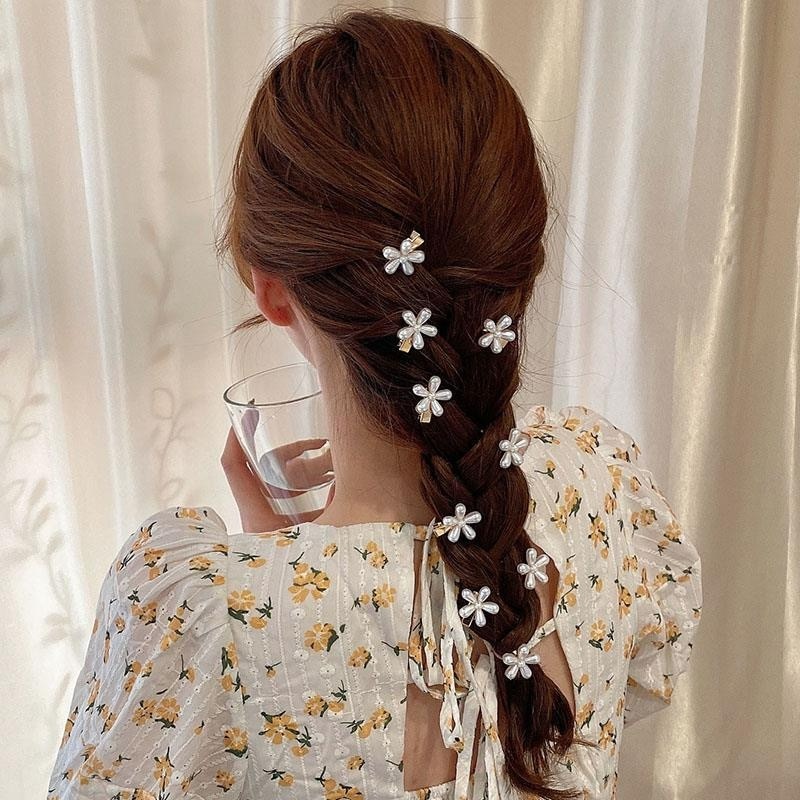 กิ๊บติดผม ทรงกลม ขนาดเล็ก ประดับไข่มุก และพลอยเทียม ลายดอกไม้ หรูหรา เครื่องประดับผม