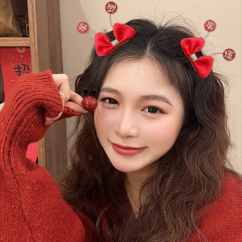 กิ๊บติดผม รูปตัวอักษรจีนน่ารัก สีแดง แบบสร้างสรรค์ สําหรับหน้าผาก วันปีใหม่