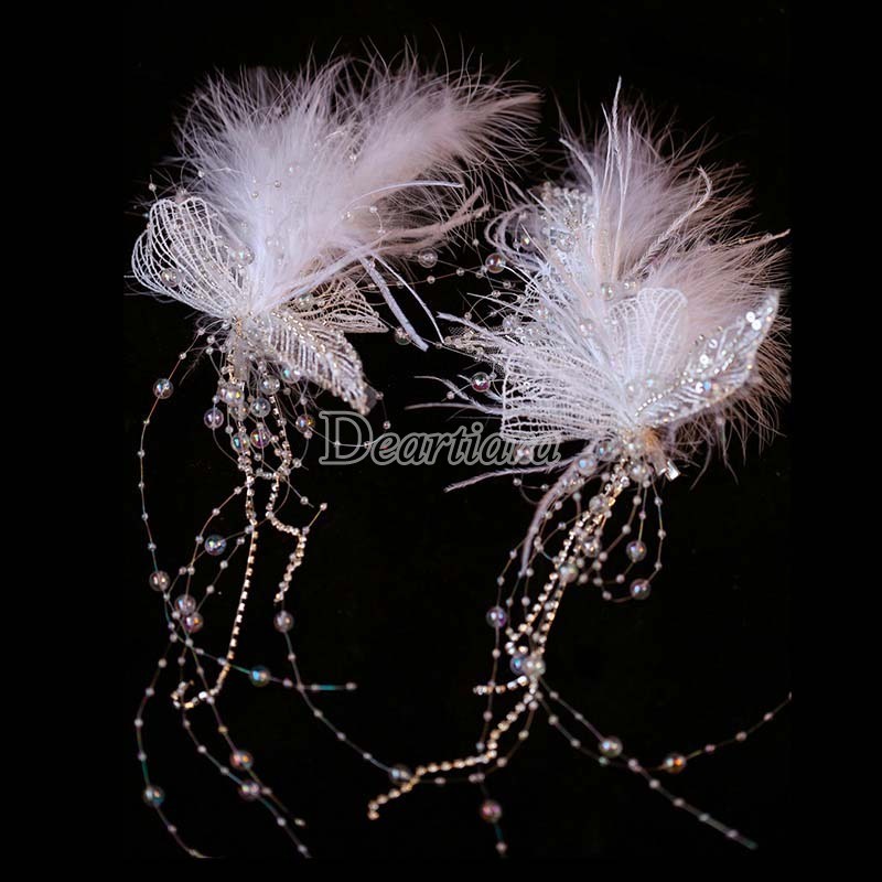 คลิปหนีบผ้าลูกไม้ ประดับพู่ขนนก สีขาว แฮนด์เมด สําหรับชุดแต่งงานเจ้าสาว