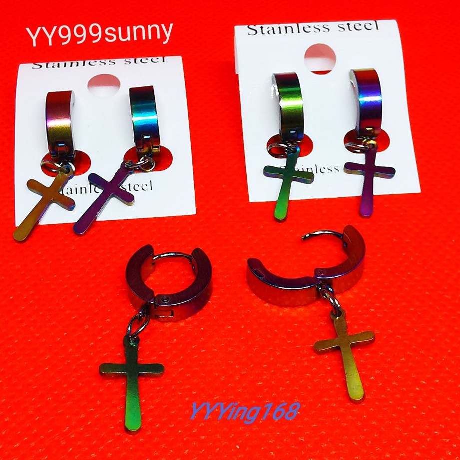 ต่างหู ไม่ต้องเจาะหู ตุ้มหู จิว ไม้กางเขน Cross Huggie Stud Earrings for Men Stainless Steel Earing Punk Male Costume Je