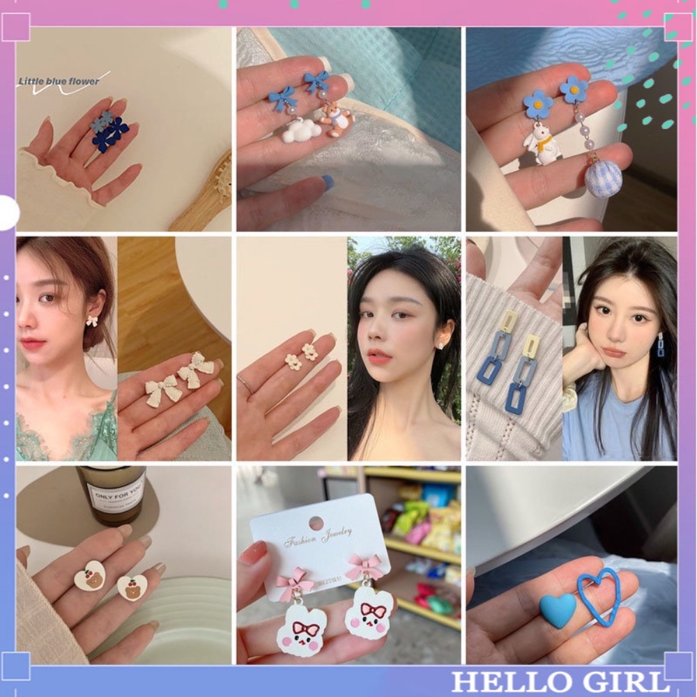 ต่างหูน่ารัก สไตล์เกาหลี สีฟ้า สําหรับผู้หญิง 925 A HELLO GIRL