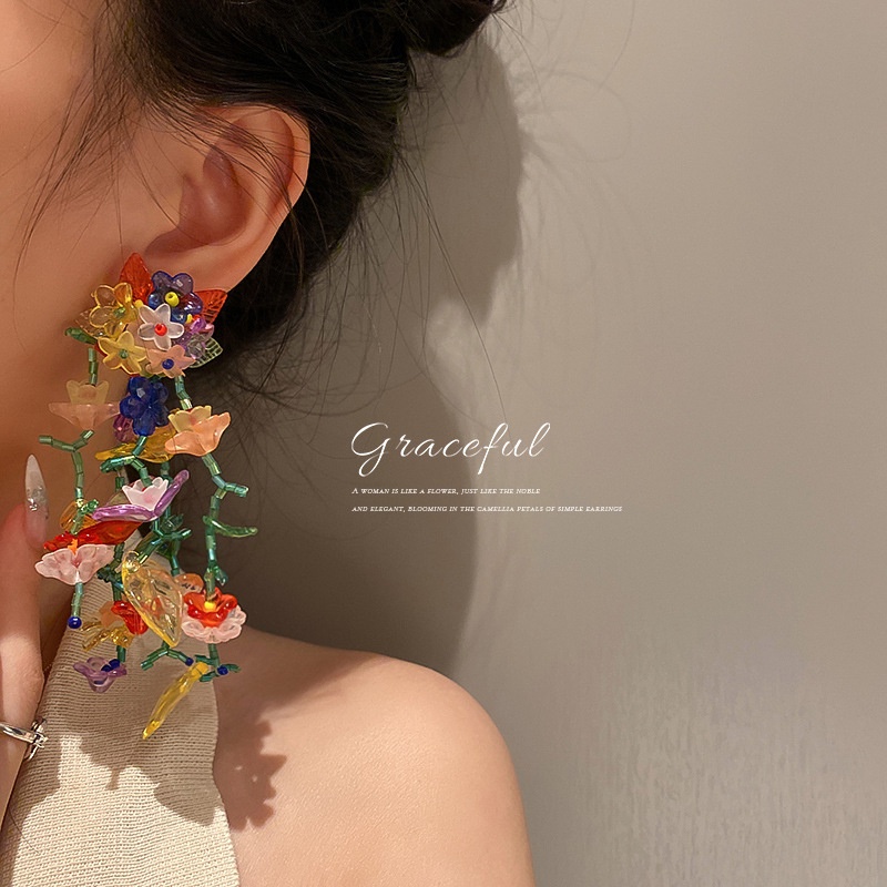 ต่างหูพู่ ลายดอกไม้ สไตล์แฟรี่ แฮนด์เมด สําหรับผู้หญิง