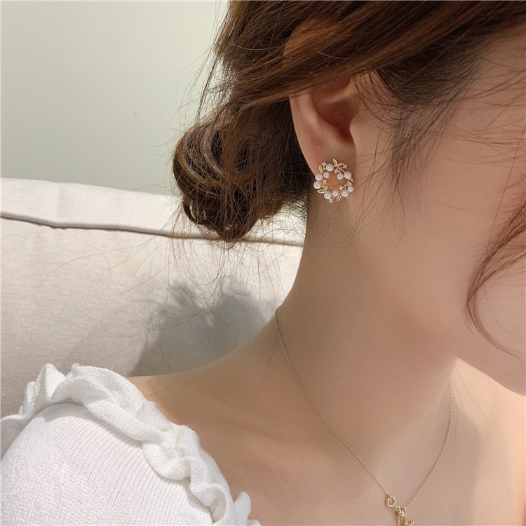 ต่างหูมุกเข็มเงิน 925 พวงหรีดระดับไฮเอนด์ 2 ต่างหูเกาหลีหญิงต่างหูสีแดงสุทธิ