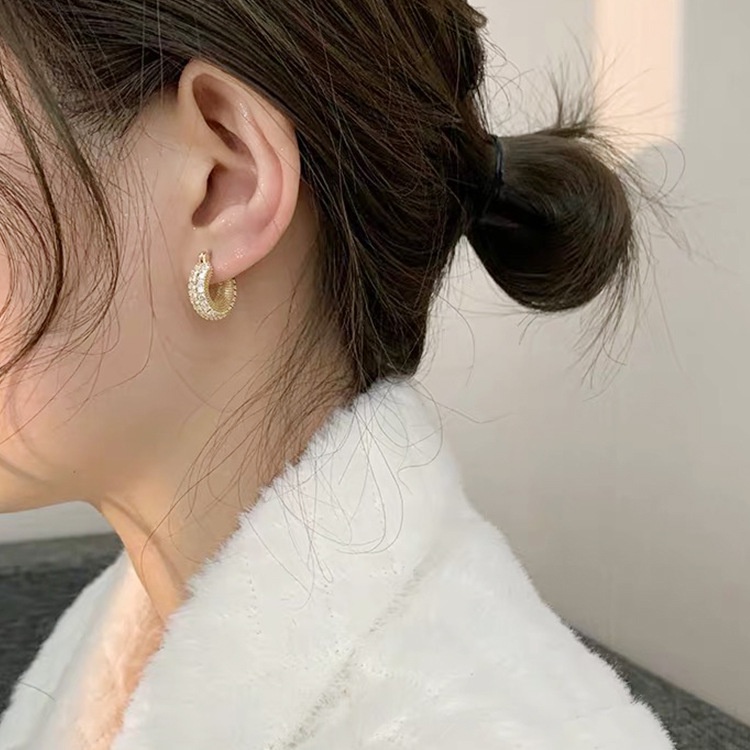 ต่างหูห่วง ทรงกลม ชุบทอง 14K ประดับเพทาย แฟชั่นสําหรับผู้หญิง