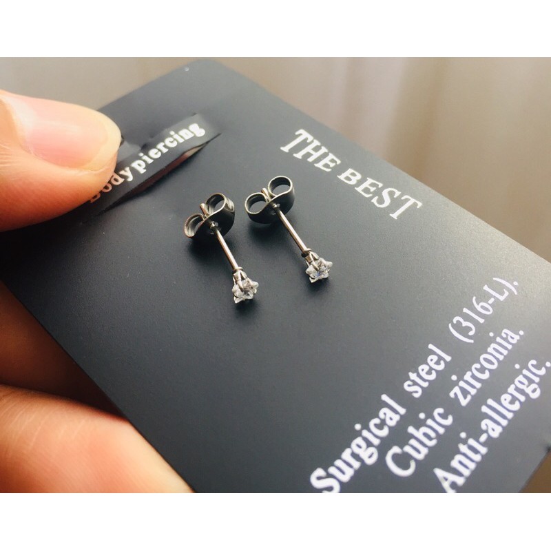 ต่างหูเพชรczรูปดาว3-4-5-6mm.สำหรับผิวแพ้ง่าย วัสดุ Medical Grade Stainless Steel316Lราคา/คู่