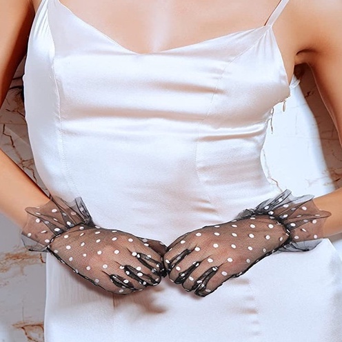 ถุงมือสั้นแฟชั่น ถุงมือเจ้าสาวลายจุด ถุงมือแฟชั่นสำหรับผู้หญิง