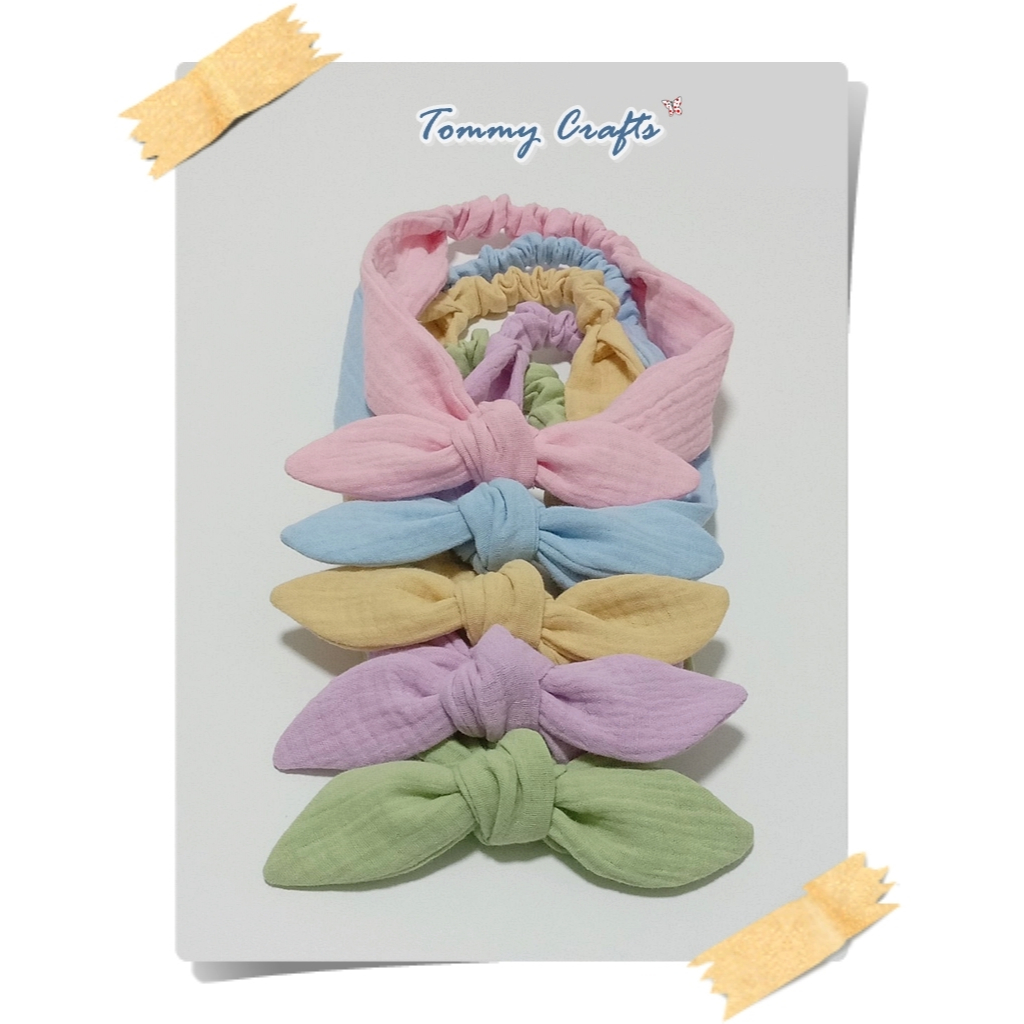 ผ้าคาดผมโบว์ผ้าฝ้ายอัดยับ ไซส์ผู้ใหญ่/เด็ก สีหวาน เขียว/ม่วง/เหลือง/ฟ้า/ชมพู cotton Hairbands