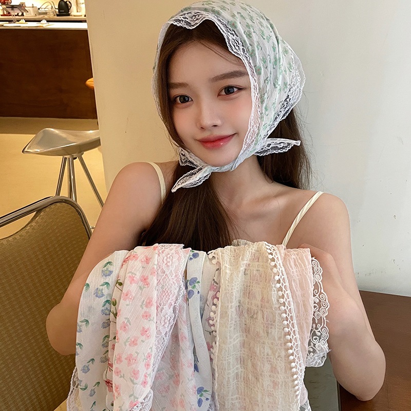 ผ้าโพกหัว ทรงสามเหลี่ยม ประดับลูกไม้ ลายดอกไม้ เหมาะกับเดินชายหาด สําหรับผู้หญิง