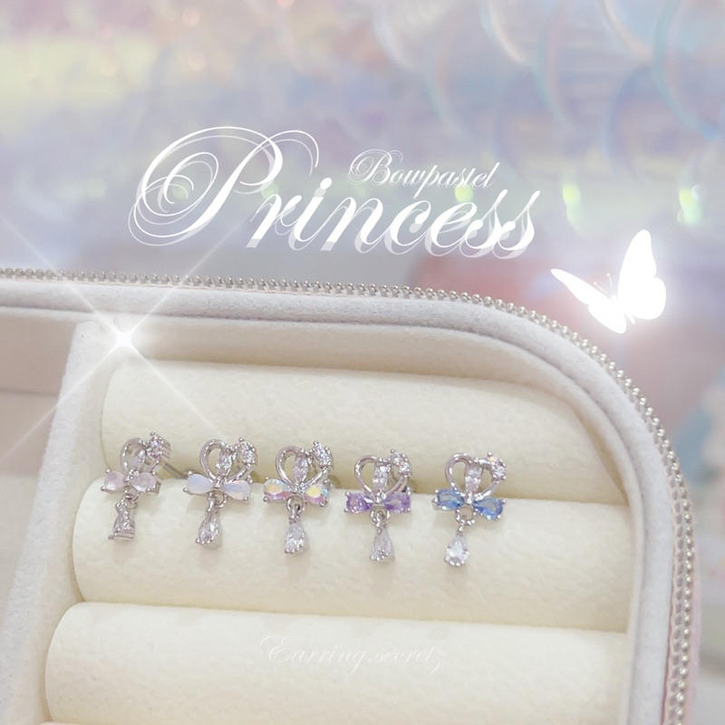 พร้อมส่ง    Bow pastel (2B) ต่างหูเงินแท้92.5%      ไม่ใช่หลักสิบ !  เจ้าหญิง ต่างหู ต่างหูหัวใจ เพชร จิวต่างหู