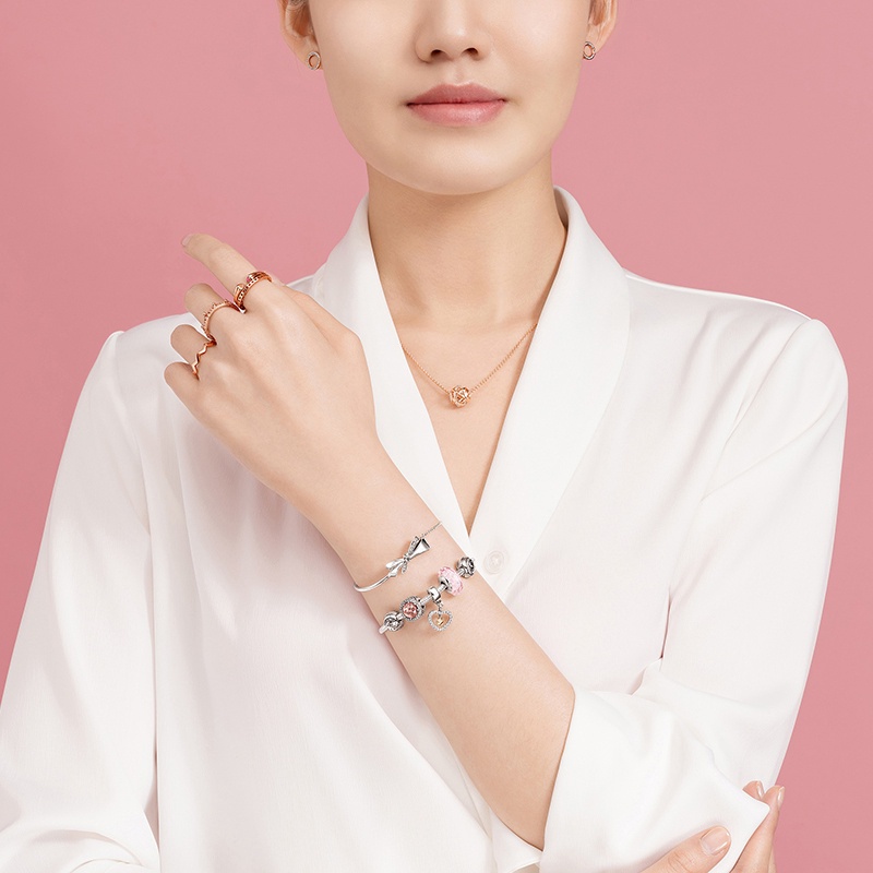 พร้อมส่ง PANDORA สร้อยข้อมือเงิน 925 ประดับกลิตเตอร์ สีชมพู สําหรับผู้หญิง