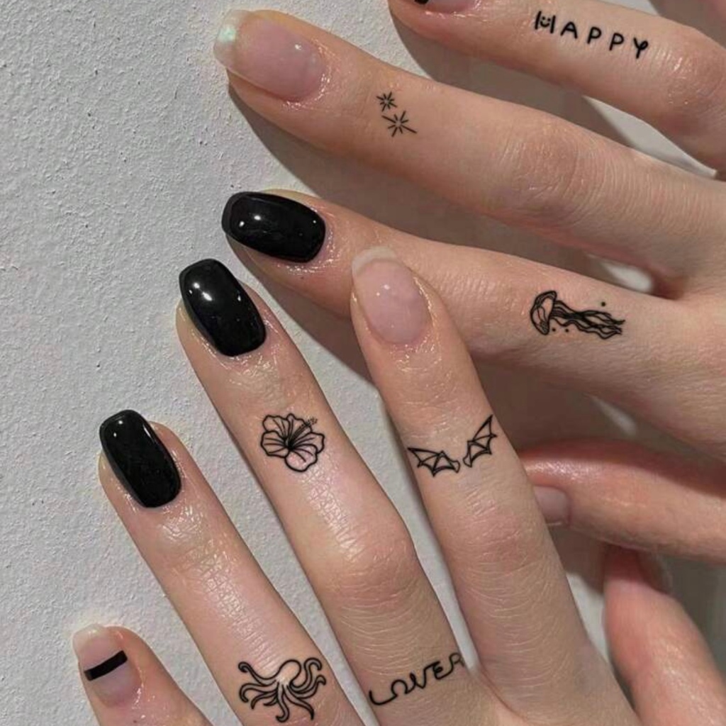พร้อมส่ง แทททู รอยสักชั่วคราวลวดลายมินิมอลสีดำ ลวดลาย Happy TT12
