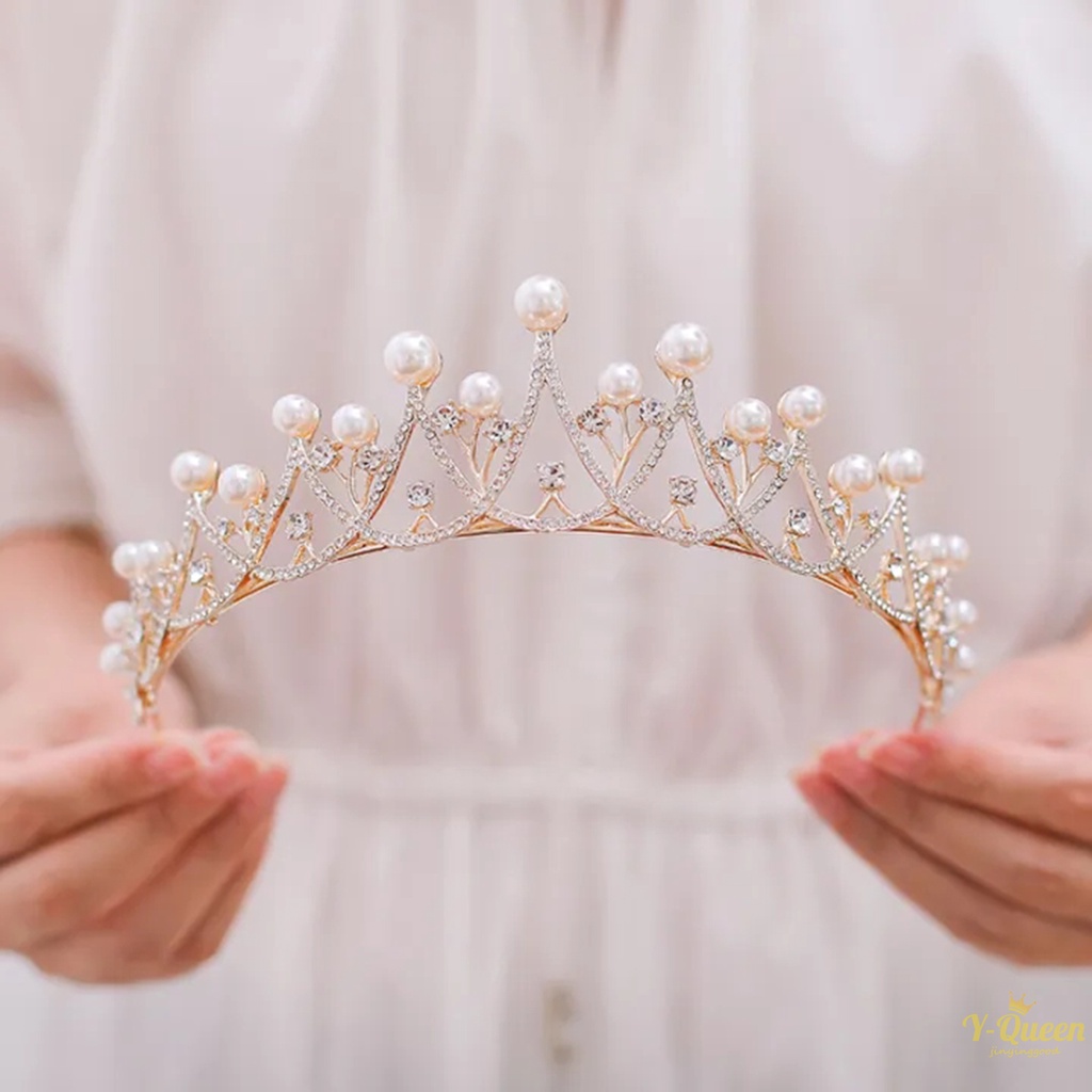 มงกุฎเจ้าหญิง ผู้ใหญ่ มงกุฎ มุก พลอยเทียม ที่คาดผม ประกาย ที่มีสีสัน พลอยเทียม โลหะ ผ้า