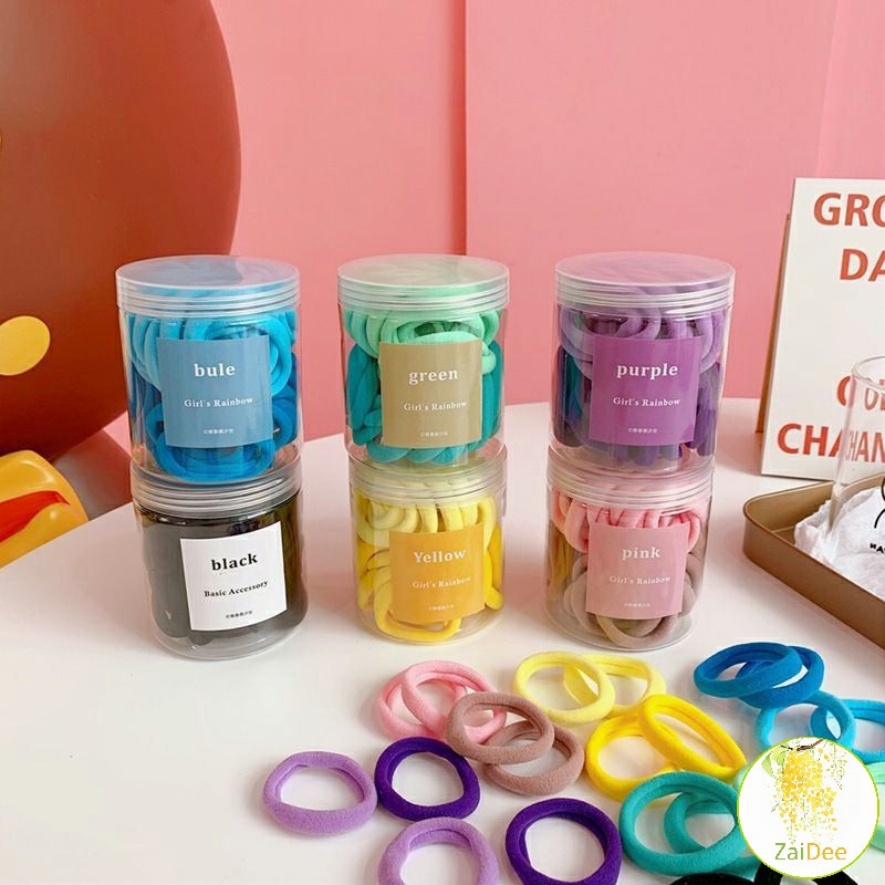 ยางมัดผมสีพื้น สีสันสดใสแพ็คมาในกระปุ๊ก 50 เส้น/กระป๋อง ที่คาดผมผู้หญิง rubber band