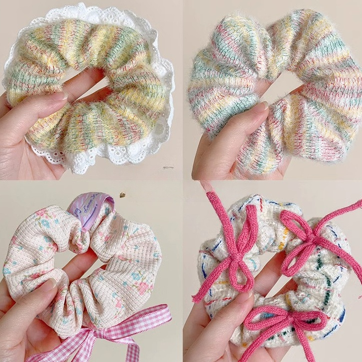 ยางรัดผม ผ้าวูล แต่งลูกไม้ ขนาดใหญ่ สีสันสดใส สําหรับเด็กผู้หญิง