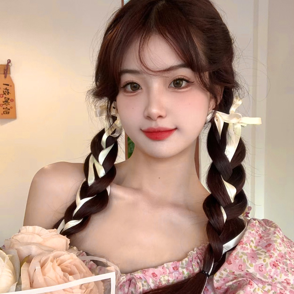 ยางรัดผมหางม้าถัก ริบบิ้นยาว หลากสี เครื่องประดับ สําหรับนักเรียน ผู้หญิง 1 ม้วน