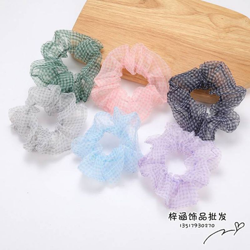 ยางรัดผมโดนัทผ้าชีฟองลายสก๊อตน่ารักของผู้หญิง(มีของพร้อมส่ง)