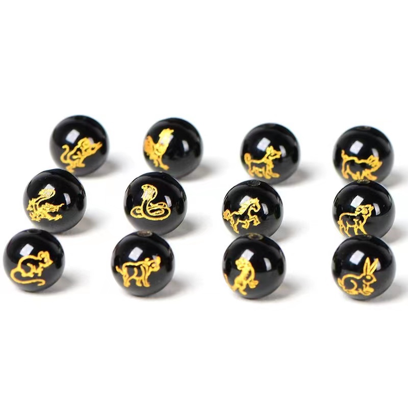 ลูกปัดคริสตัลควอตซ์ หินอาเกตธรรมชาติ สีดํา 12 ราศี 4A DIY