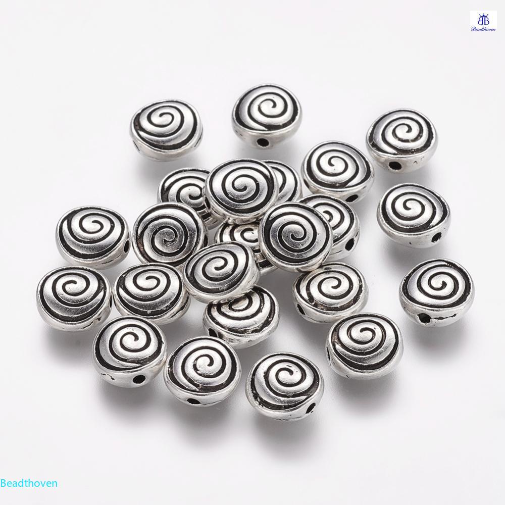 ลูกปัดทิเบตอัลลอย ทรงกลมแบน ไร้แคดเมียม ไร้ตะกั่ว สีเงิน ขนาด 8x4 มม. รูขนาด 1.5 มม. 7-50 ชิ้น