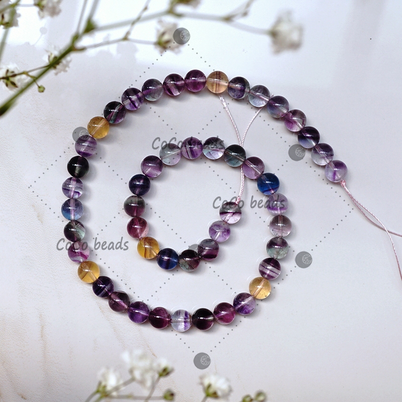 ลูกปัดหินฟลูออไรท์ธรรมชาติ ลายทางสีรุ้ง DIY อุปกรณ์เสริม