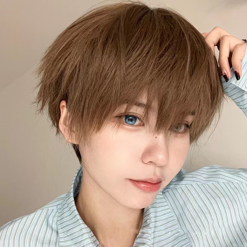 วิกผมสังเคราะห์ วิกผมสั้นตรง สีไวน์แดง สีน้ําตาลอ่อน เหมาะกับวัยรุ่น สําหรับผู้ชาย