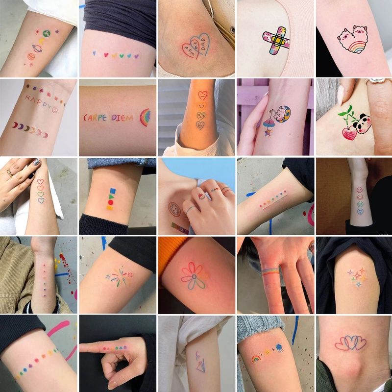 สติกเกอร์รอยสักชั่วคราว ลายการ์ตูนสายรุ้ง และดอกไม้น่ารัก สุ่มสี