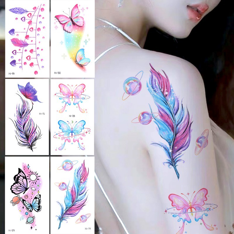 สติกเกอร์รอยสักชั่วคราว ลายขนนก ผีเสื้อเรืองแสง กันน้ํา สีฟ้า สําหรับตกแต่งร่างกาย