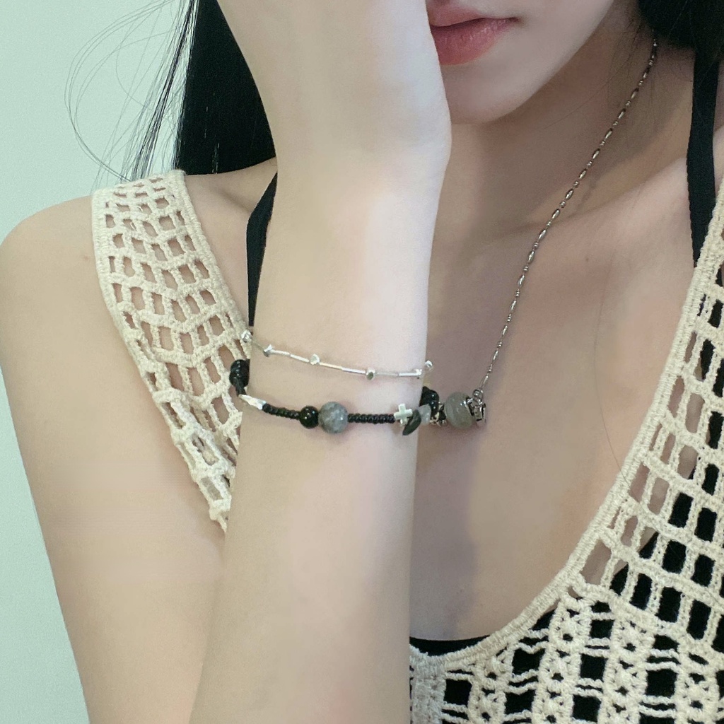 สร้อยข้อมือ ประดับลูกปัดหินธรรมชาติ สามารถปรับได้ สไตล์เกาหลี สําหรับผู้หญิง