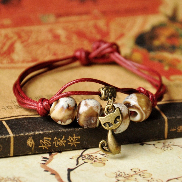 สร้อยข้อมือ เชือกถักเซรามิค ประดับลูกปัดพอร์ซเลน สีสันสดใส สไตล์ชนเผ่า สําหรับผู้หญิง