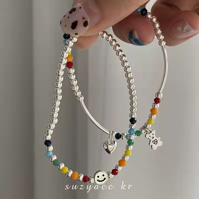 สร้อยข้อมือสร้อยข้อมือแหวนสร้อยข้อมือลูกปัดสีหน้ายิ้มสไตล์วินเทจ Boho