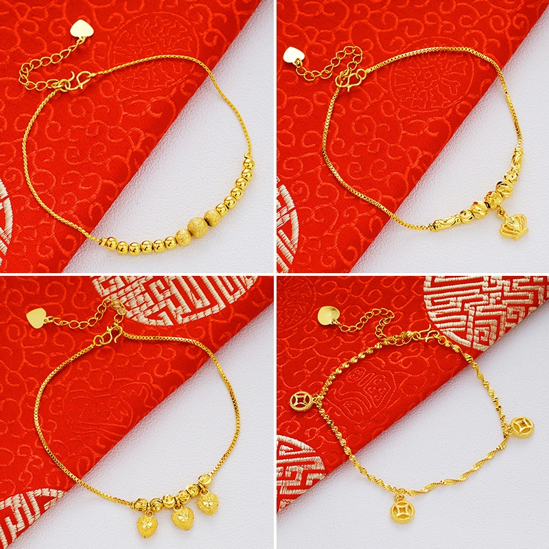 สร้อยข้อเท้า ประดับลูกปัด ระฆังทอง 24k แบบสองชั้น แฟชั่นสําหรับผู้หญิง
