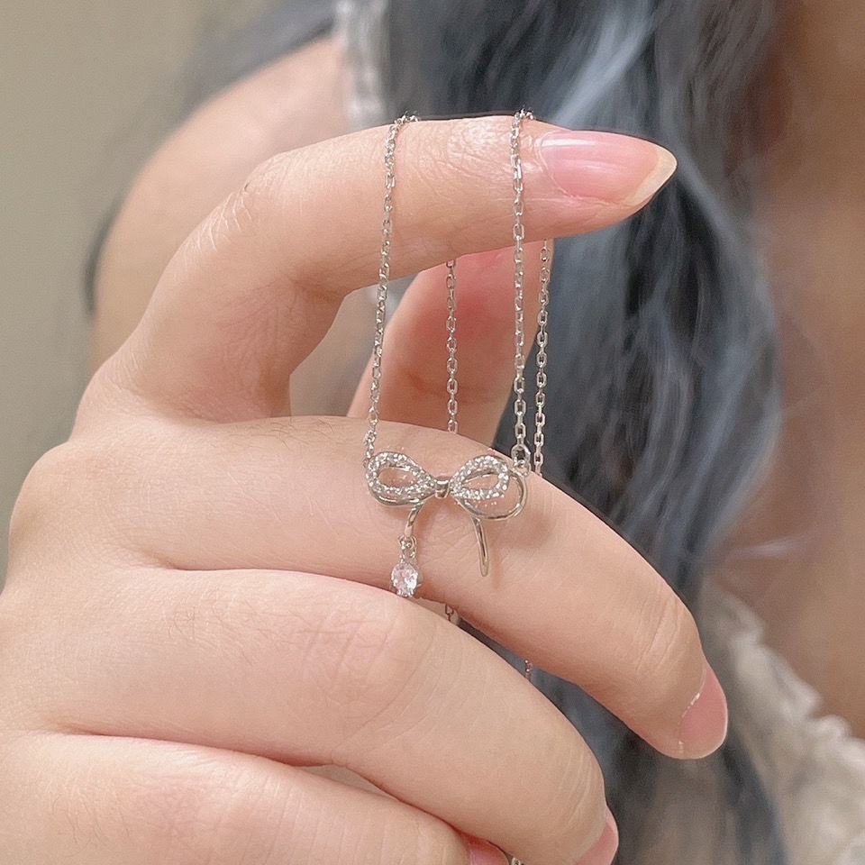 สร้อยคอ สร้อยข้อมือ จี้โบว์ ประดับเพชร สไตล์เกาหลี สําหรับผู้หญิง
