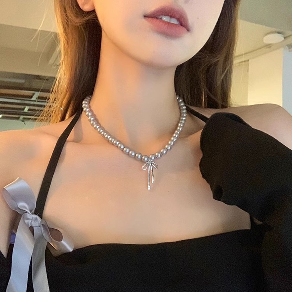 สร้อยคอ โลหะผสม ประดับโบว์ ไข่มุก สไตล์เกาหลี สําหรับผู้หญิง