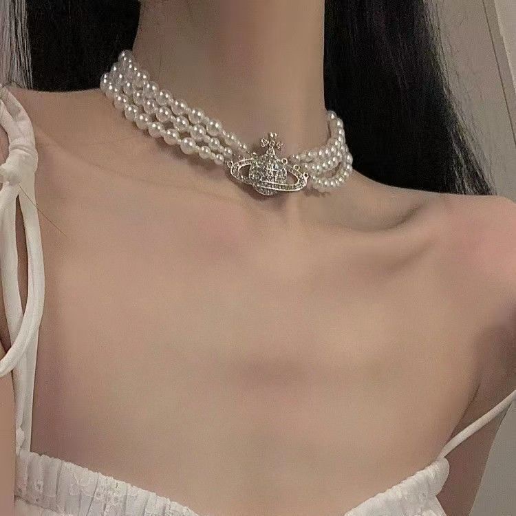 สร้อยคอโซ่ จี้ดาวเสาร์ สามชั้น ประดับเพชร ไข่มุก หรูหรา ออกแบบดี แฟชั่นสําหรับผู้หญิง