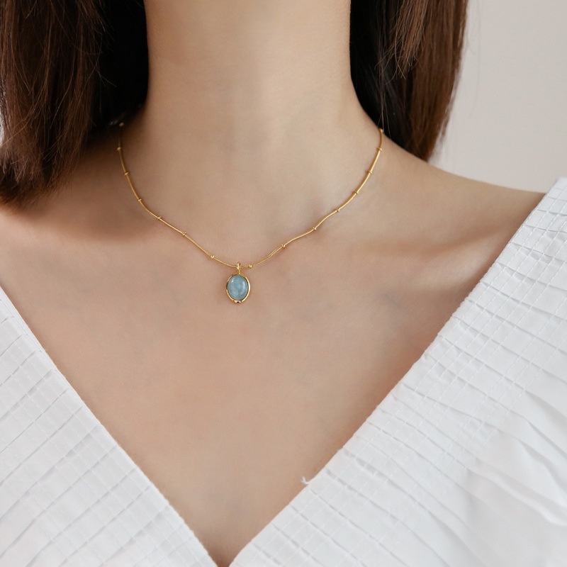 สร้อยคอโซ่ เหล็กไทเทเนียม ชุบทอง 18K จี้คริสตัล โอปอล อความารีน สําหรับผู้หญิง