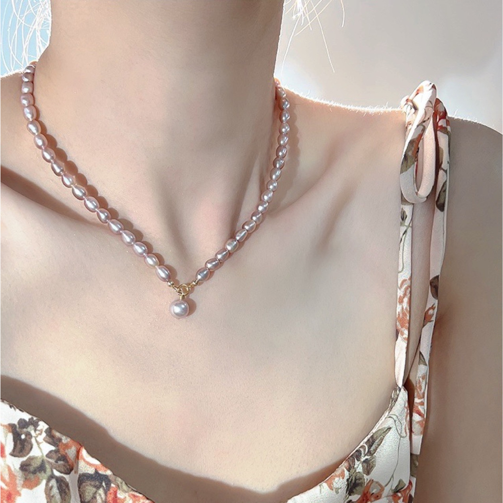 สร้อยคอโซ่มุกน้ําจืด ข้าวสีม่วงธรรมชาติ 5-6 มม. สําหรับผู้หญิง