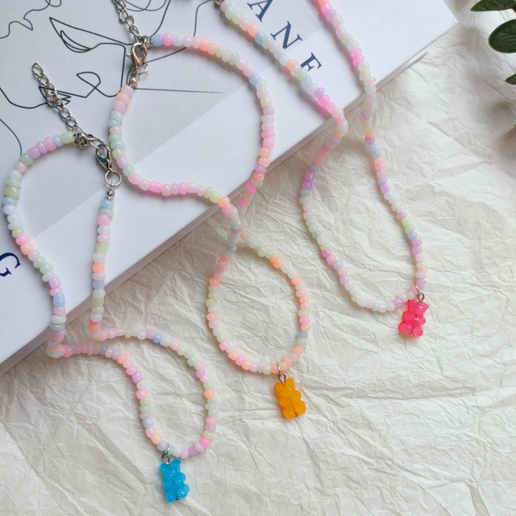 สร้อยลูกปัดเยลลี่ จี้เยลลี่หมี งานจริงสีสวย  สร้อยแฟชั่น Handmade