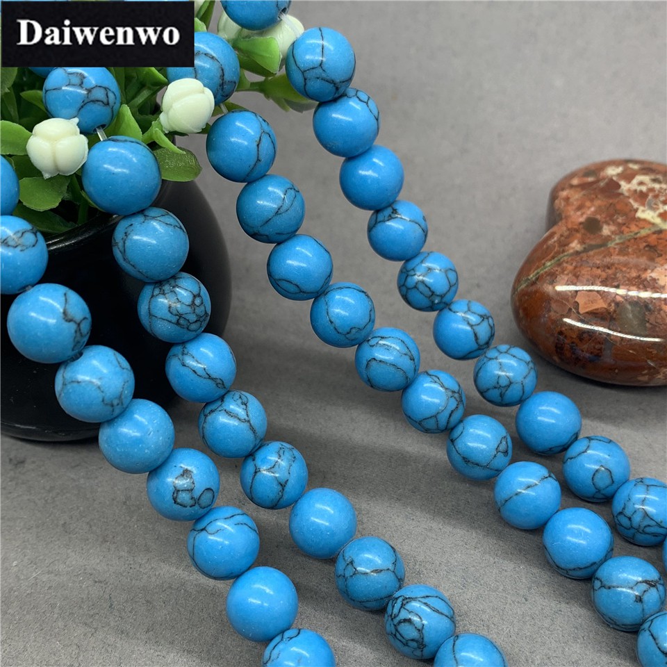 สีน้ำเงินเข้มลาย Howlite Turquoise ประคำ 4-12 มม. กลม DIY หลวมหินธรรมชาติ