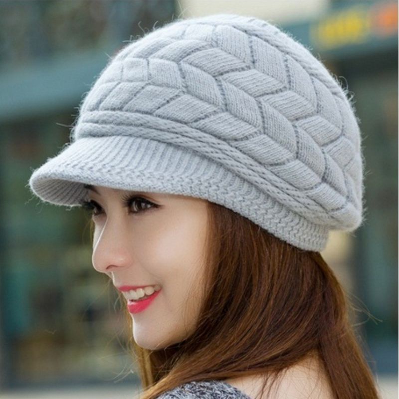 ส่งจากไทย หมวกไหมพรมมีปีก สีเทา บุขนด้านใน ลายโซ่ใหญ่ หมวกกันหนาว หมวกไปต่างประเทศ