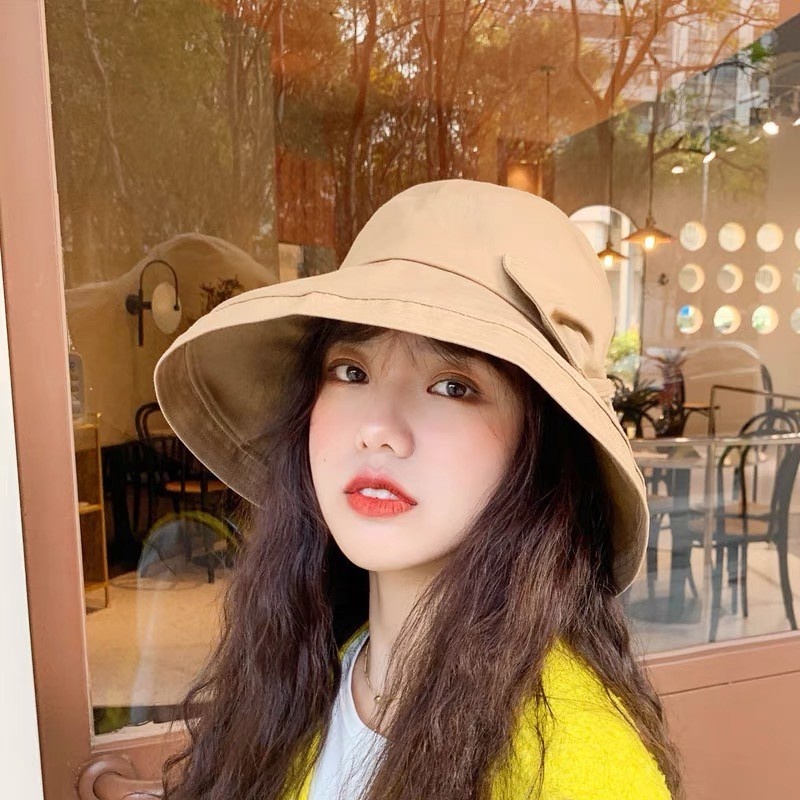 หมวกผ้า หมวกบักเก็ตปีกกว้างมีโบว์ด้านหลังใส่กันแดด มีเชือกปรับไซส์ด้านใน  D-041