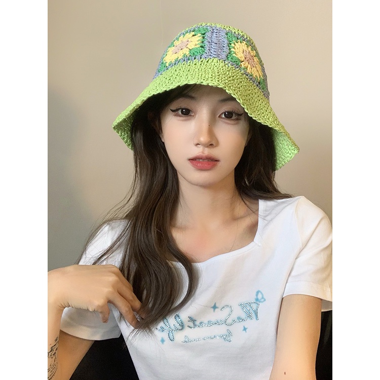 หมวกฟางสาน แฮนด์เมด ลายดอกไม้ สไตล์เกาหลี แฟชั่นฤดูร้อน สําหรับผู้หญิง