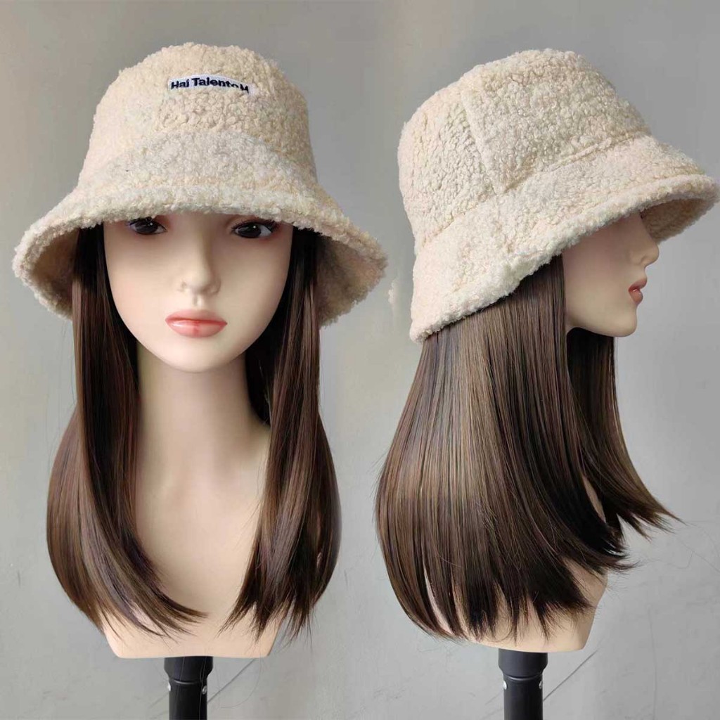 หมวกวิกผมกากี ผมยาวตรง 30cm ผมสีน้ำตาลเย็น ถอดไม่ได้ สวมใส่ง่าย