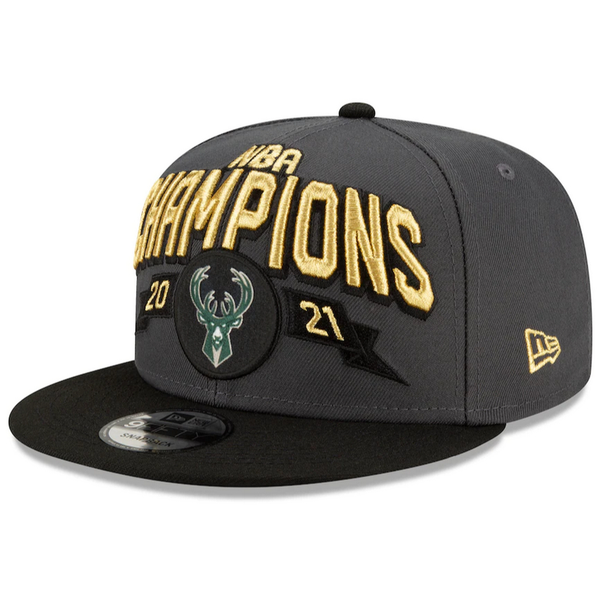หมวกใหม่ แท้ Milwaukee Bucks New Era 2021 NBA Finals Champions Locker Room 9FIFTY Snapback Adjustable Hat - Gray/Black