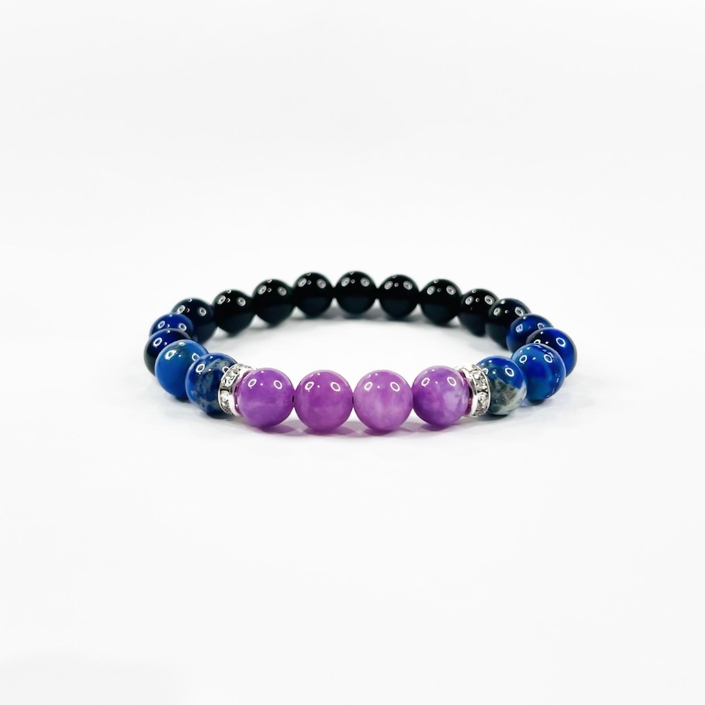 หินแท้ ลาพิซ ลาซูลี่(​Lapis Lazuli) + บลูไทเกอร์อาย(Blue Tiger eye) + นิลดำ + ลาเวนเดอร์อเมทิส กำไลหินมงคล 8mm