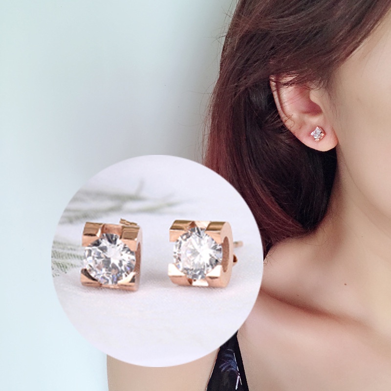 เครื่องประดับ ต่างหูไทเทเนียม ชุบทอง 18K ประดับเพชร ไม่จางหาย สไตล์เกาหลี สําหรับนักเรียน