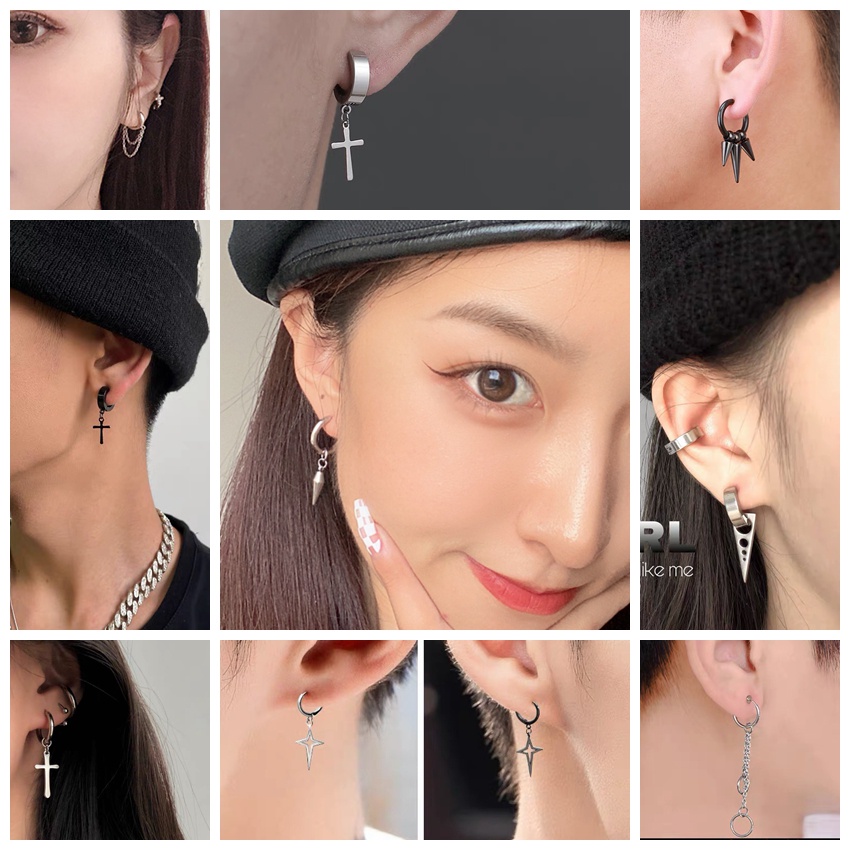 เครื่องประดับต่างหูห่วงสแตนเลสจี้รูปไม้กางเขนสไตล์เกาหลี 1 ชิ้น