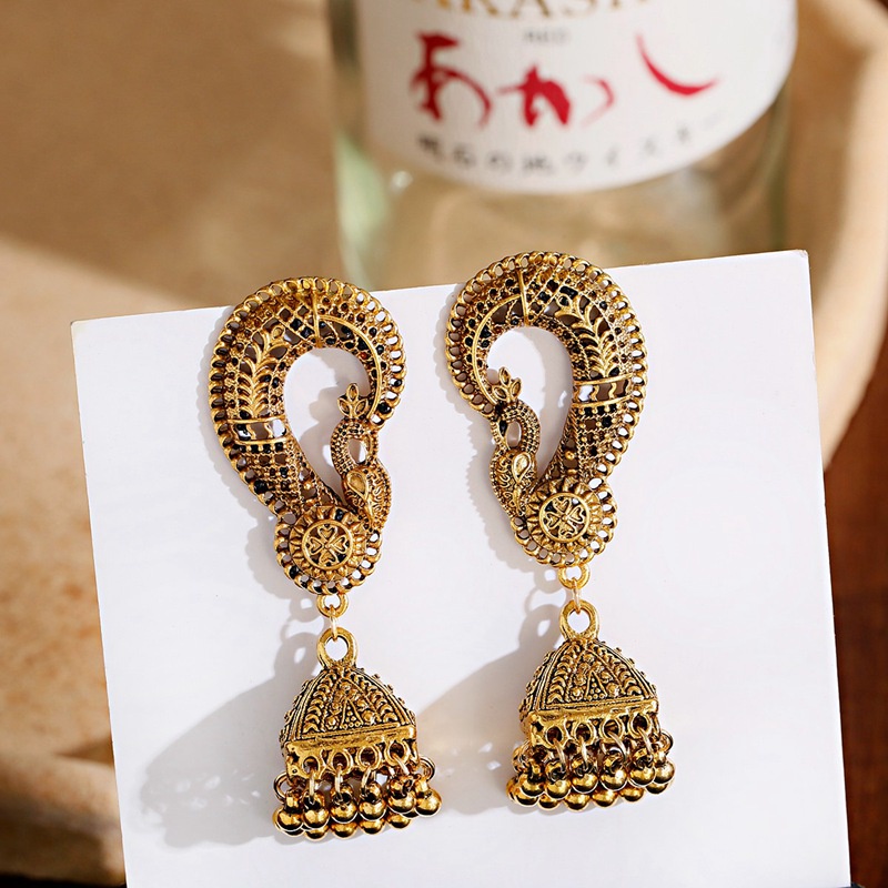 เครื่องประดับผู้หญิงต่างหูจี้นกยูงสีทองสไตล์อินเดียย้อนยุค