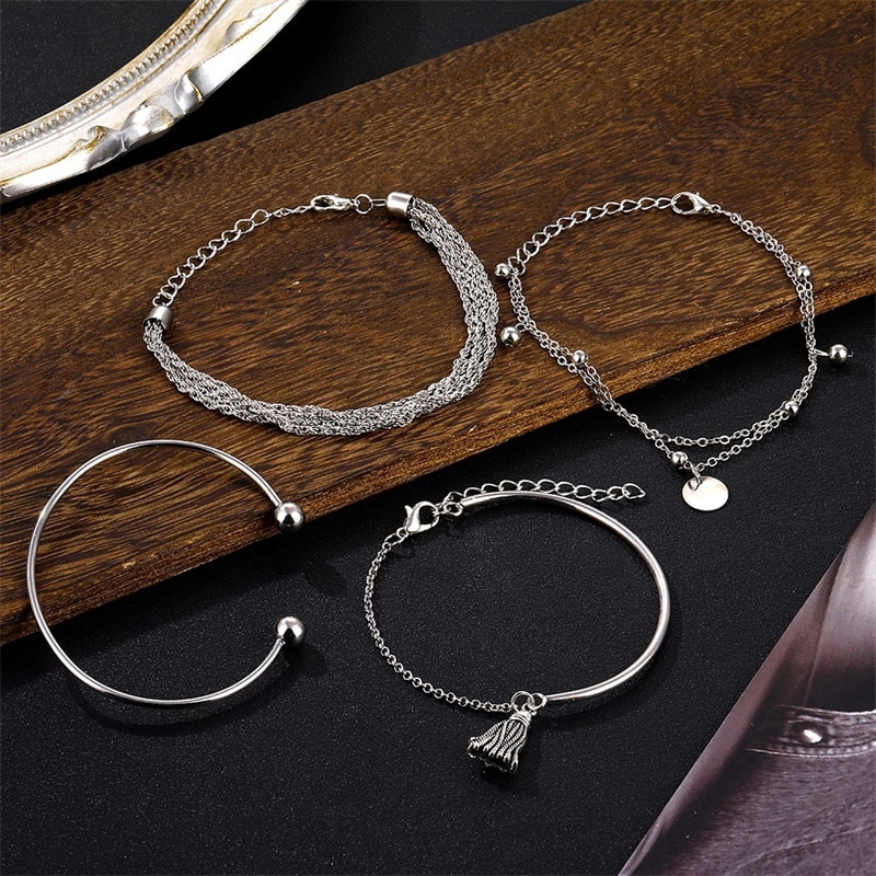 เครื่องประดับสร้อยข้อมือกําไลข้อมือโลหะสีเงินสไตล์โบฮีเมียน 4 ชิ้น/ชุด 2020