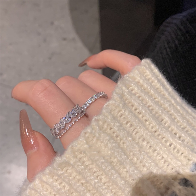 เครื่องประดับเกาหลีอินเทรนด์โลหะผสม Rhinestone แหวนนิ้วสองชั้นสําหรับผู้หญิง