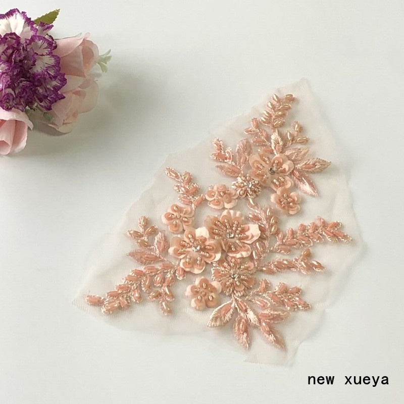 แผ่นแพทช์ ปักลูกไม้ พลอยเทียม ลายดอกไม้ 3D ขนาด 21*12 ซม. สําหรับตกแต่งชุดเดรส กางเกงยีน 1 ชิ้น