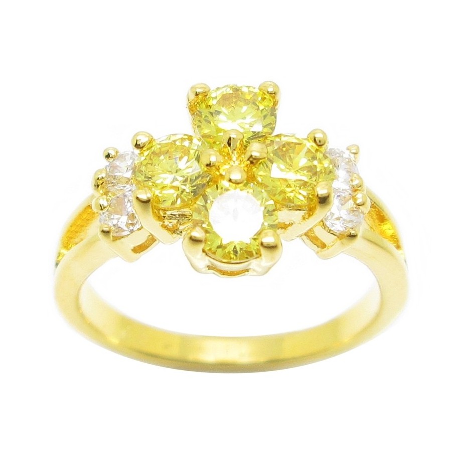 แหวนดอกไม้เพชร พลอยสีเหลือง บุษราคัม ชุบทอง 24k